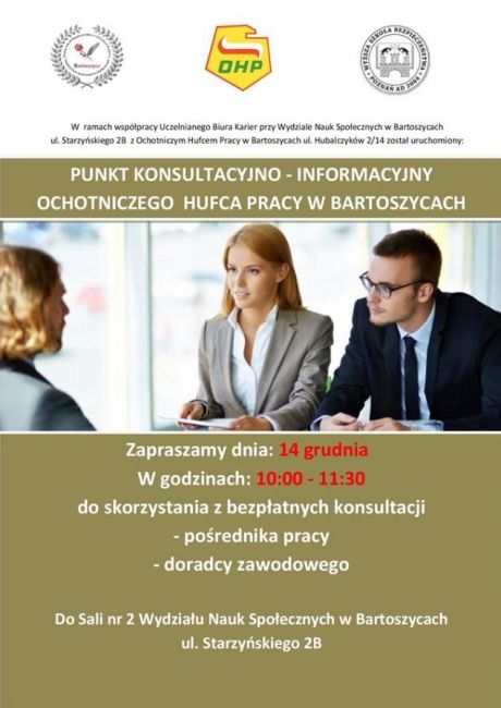 Porady specjalistów w punkcie Konsultacyjno - Informacyjnym OHP w WSB w Bartoszycach