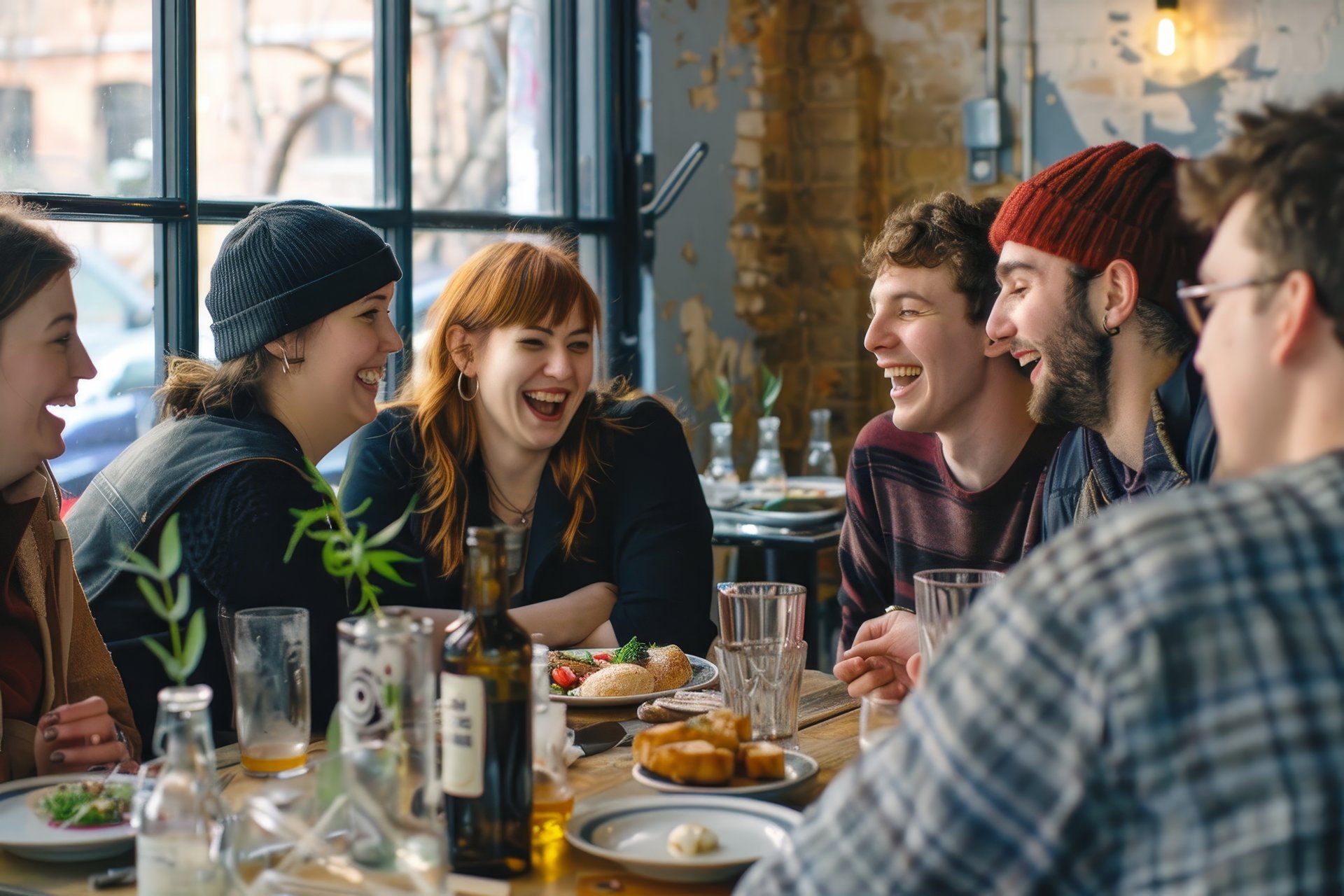 Przyjaciele śmieją się przy obiedzie w restauracji